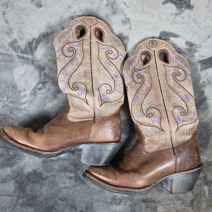 Tony Lama Tan and Brown Embroidered Heeled Boots